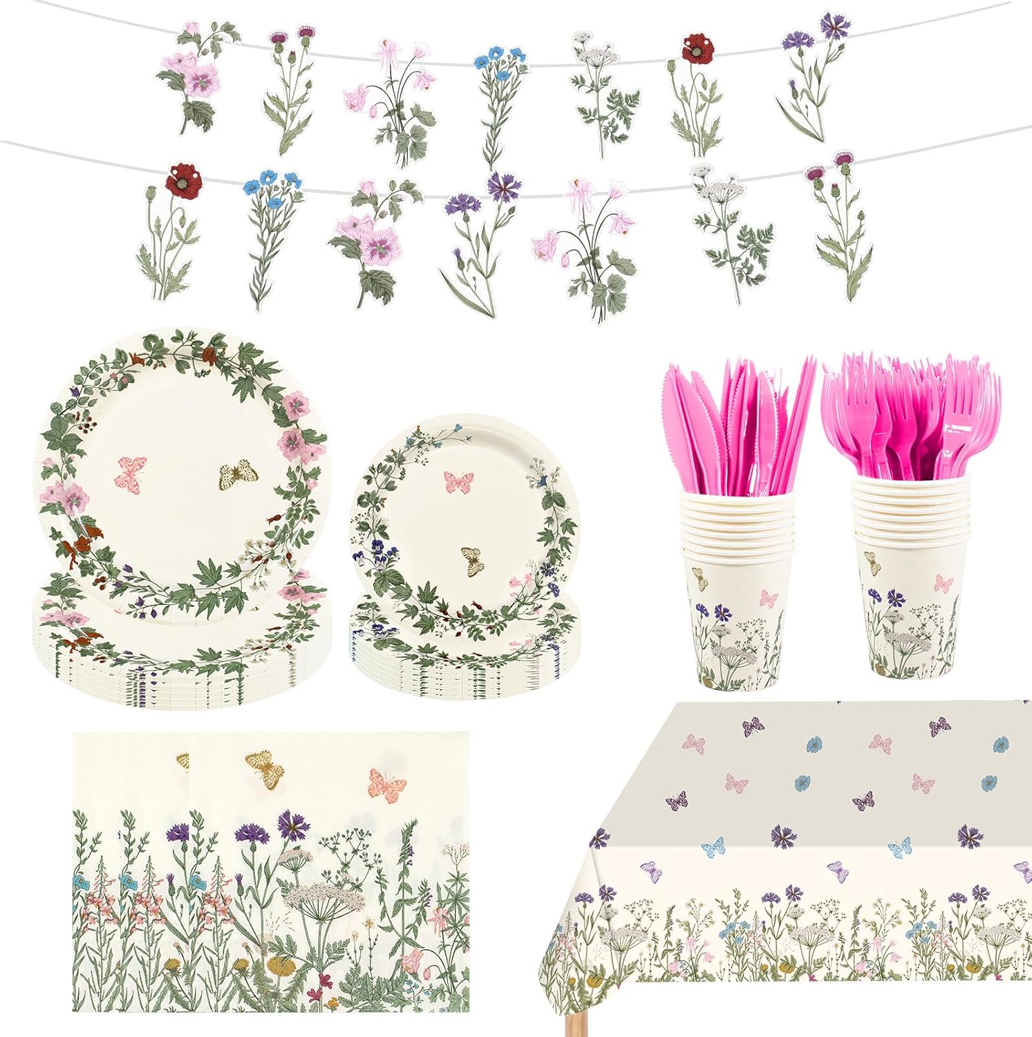 182pcs Wildflower Party Supplies,Disposable Wildflower Paper Plates and Napkins Tableware Set,for Baby Shower, Wedding, Birthday Party Decorations,Serves 30