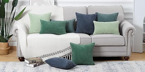 Miniatura 6 de MADIZZ Paquete de 2 fundas de almohada de pana a rayas bohemias de 14 x 14 pulgadas, fundas de cojín decorativas suaves de color verde oscuro para