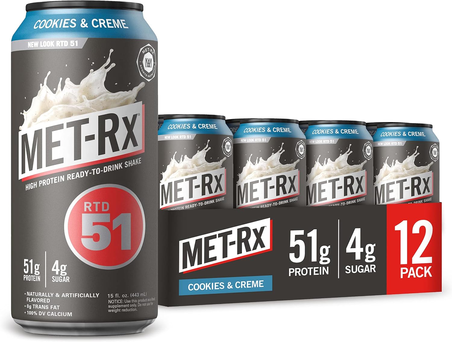 MET-Rx RTD 51 Protein Shake, Ready to Drink and Convenient for Meal Replacement, Low Carb, Cookies and Creme, With Vitamin A, Vitamin C, Vitamin D, and Zinc to Support Immune Health, 15 oz, 12 Count