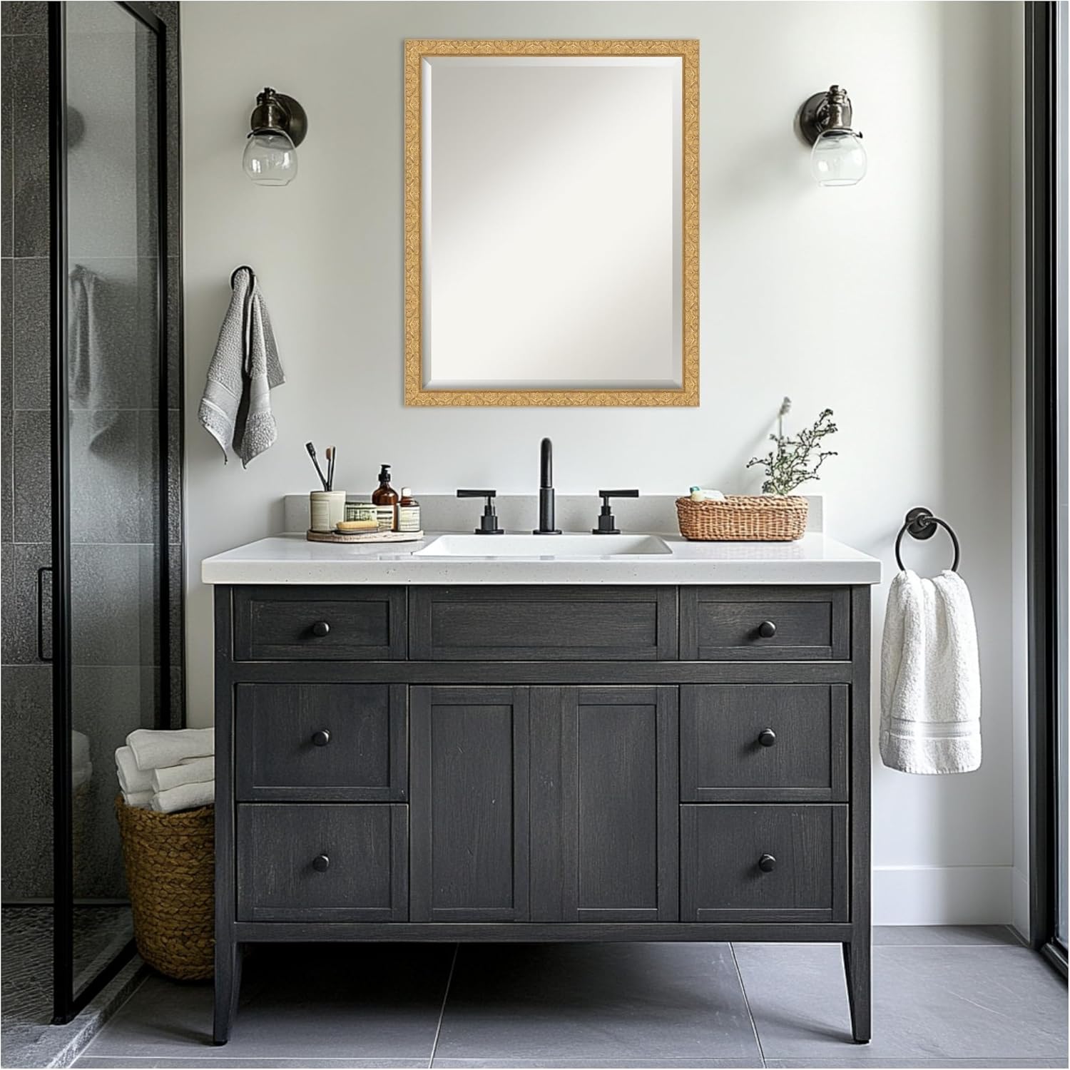 Amanti Art Gold Bathroom Mirror for Over Sink, 24x30 Lila Gold Rectangle Vanity Mirror, Large Traditional Wood Frame, Hangs Horizonally and Vertically, Bathroom Wall Decor, Beveled Edge