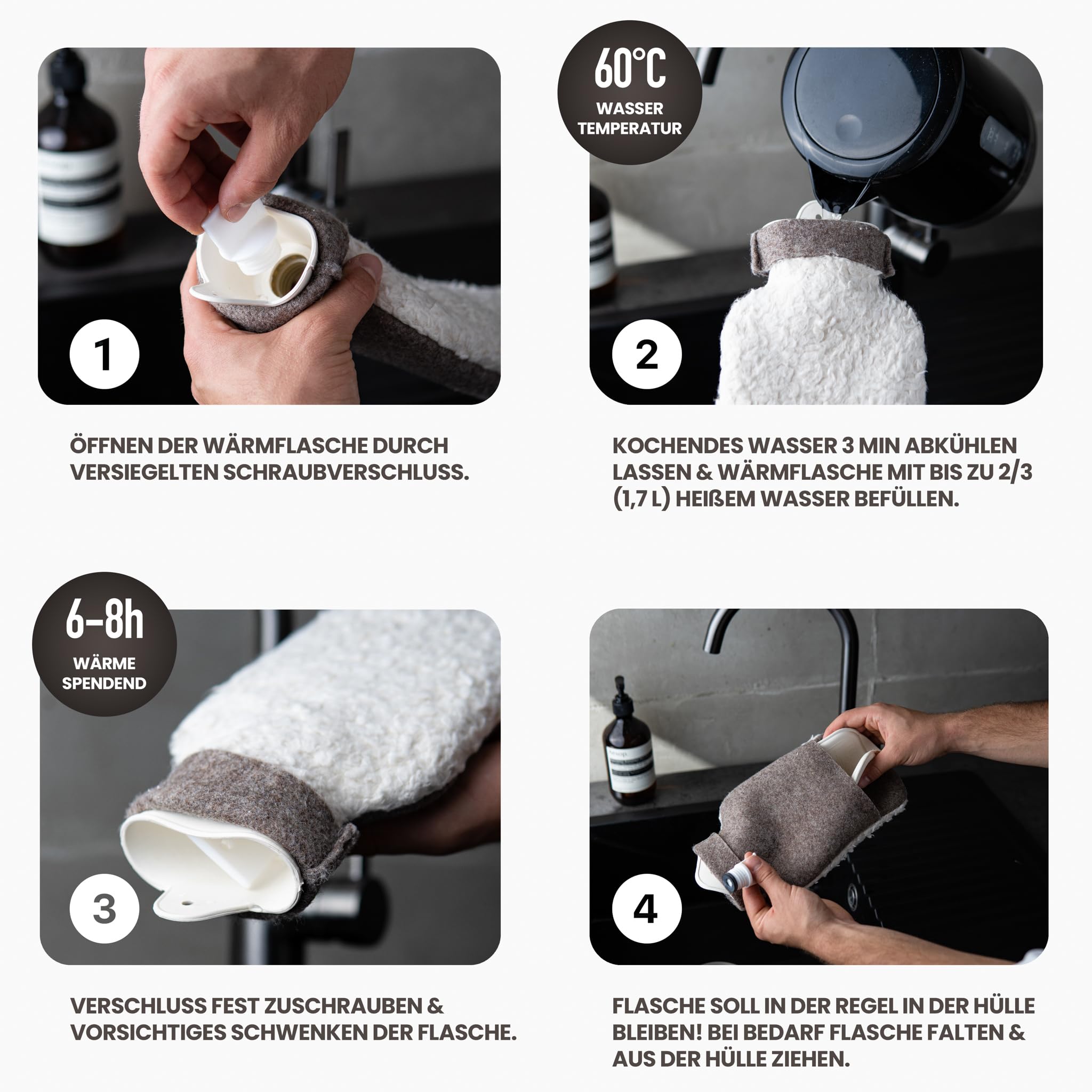 Bolsa de agua caliente de felpa de algodón orgánico y fieltro reciclado (felpa, beige, 2,5 L de largo)