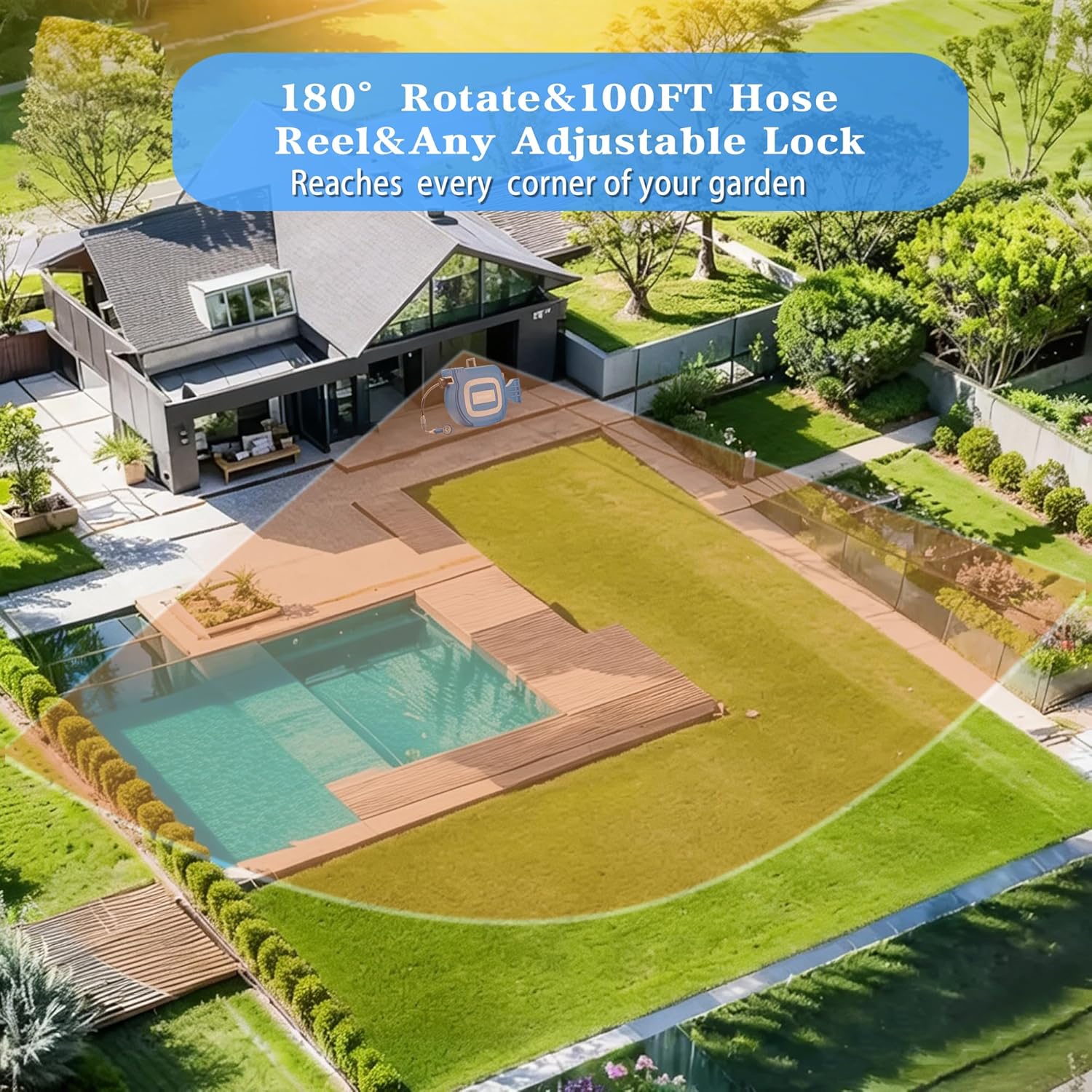 100FT Auto-Rewinding Garden Hose Reel with Drainage Holes, 10-Mode Spray Nozzle, Any Length Lock, 180-Degree Swivel Bracket & Wall Mounted for Lawn, Garden Watering Washing Car & Pets (Blue)