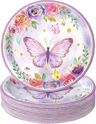 Zopeal 60 platos de papel de mariposa de 9 pulgadas, platos de fiesta floral de primavera de mariposa, platos de cena de mariposa morada para niñas,