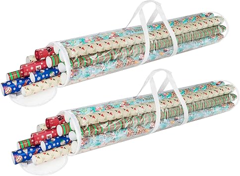 Wrapping Paper Storage - Set of 2 Organizers for 50 Rolls of Gift Wrap - Clear Totes with Handles for Holiday, Christmas, or Any Occasion by Elf Stor