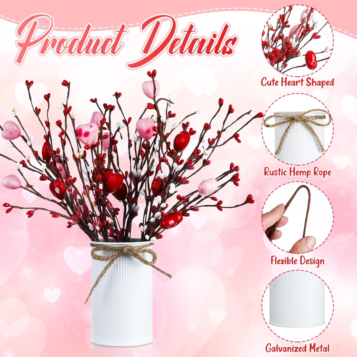 4 Sets Valentine‘s Day Table Centerpiece Floral Arrangement Vintage Artificial Decoration Flowers Heart Shaped Berry Flower Stems with Metal Pots for Wedding Anniversary Party Home Office