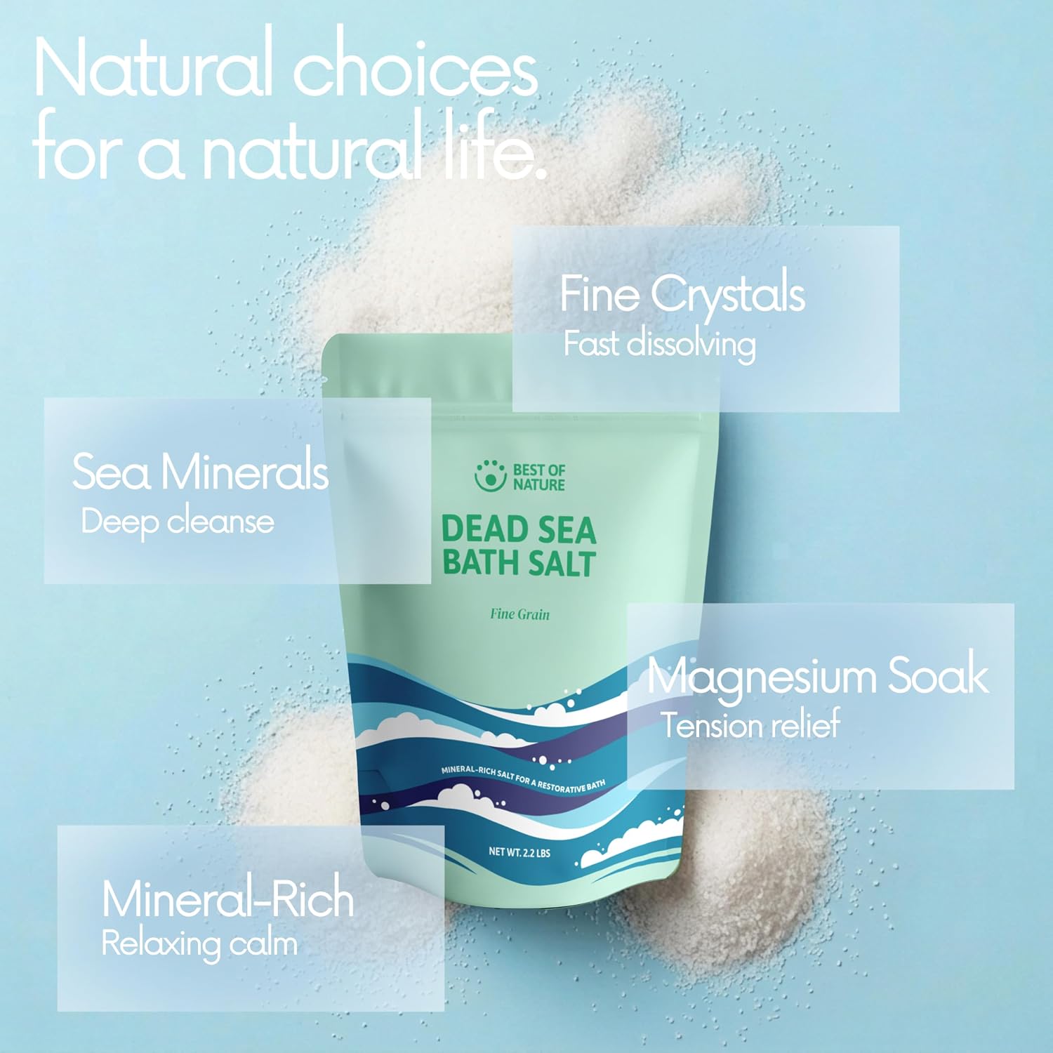 Best of Nature Dead Sea Salt 2.2 lb Fine Grain Bath Soak Salt, Mineral-Rich Crystals, Resealable Bag, Made in the USA