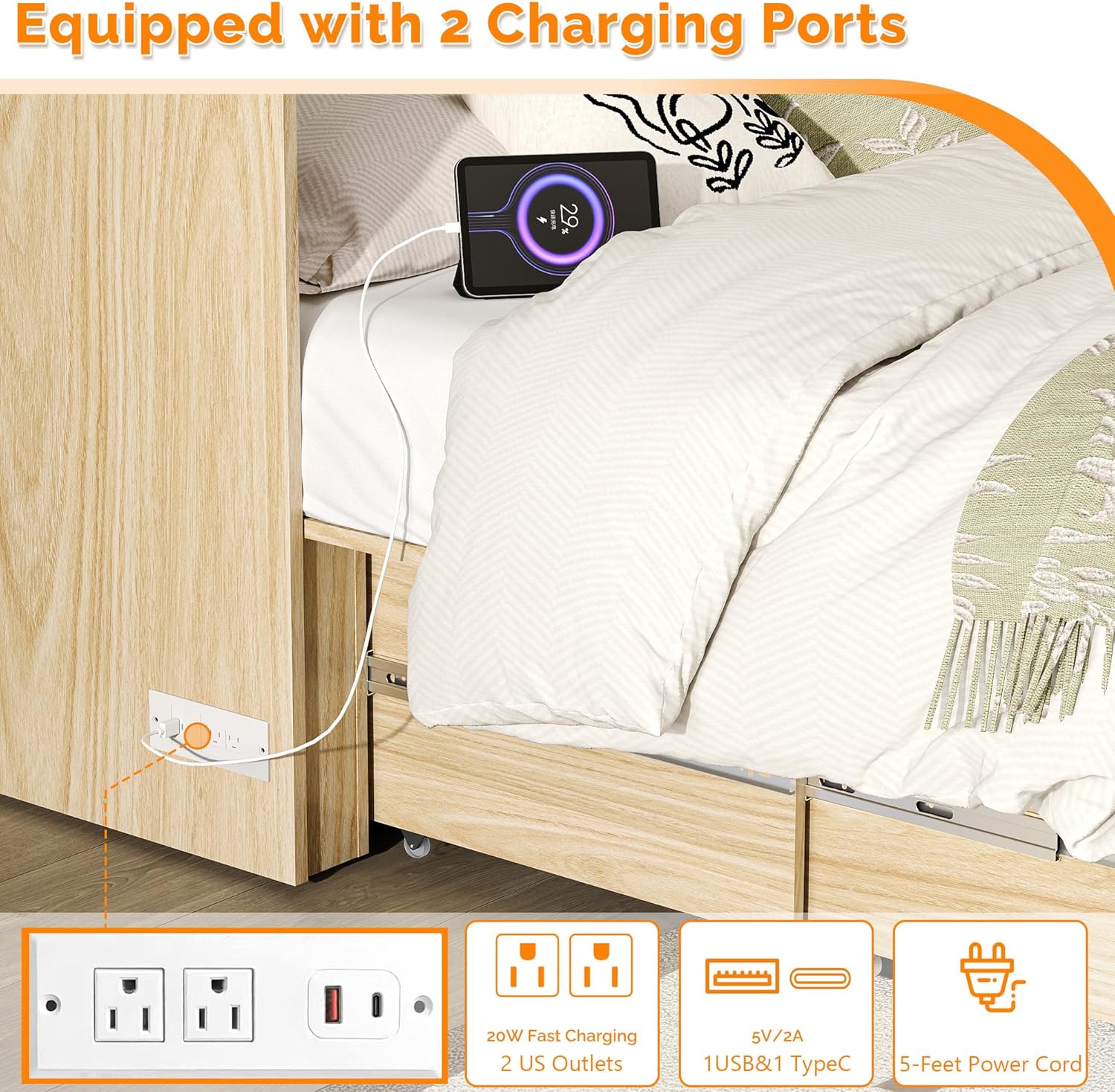 VINGLI Full Size Rattan Murphy Bed with Storage Drawer,2 Charging Station, Boho,Hideaway Paltform Panel Bed for Small Spaces,Guest Room,Office,Apartment, Space-Saving Cabinet Bed,Oak White