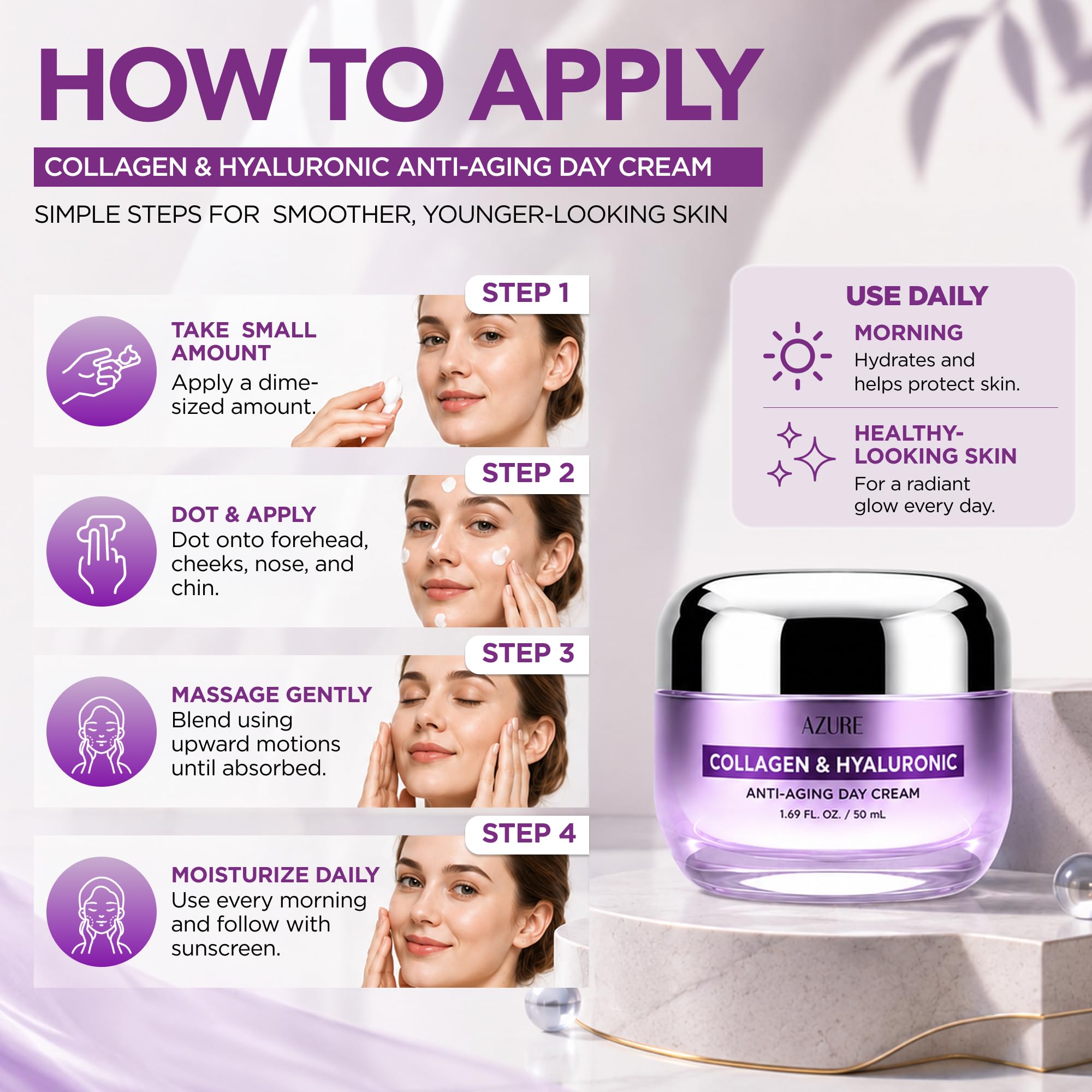 Azure Crema de día antienvejecimiento con colágeno e hidratante hialurónico, refrescante y reafirmante, reduce las arrugas y las líneas finas, bloquea la humedad y revitaliza la piel, fabricada en