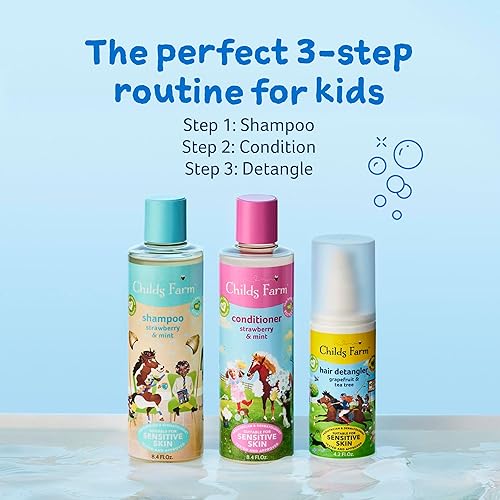 Miniatura 7 de Childs Farm, Champú infantil para piel y cuero cabelludo secos, sensibles y propensos al eczema, fresa y menta orgánica, desenreda y nutre, vegano,