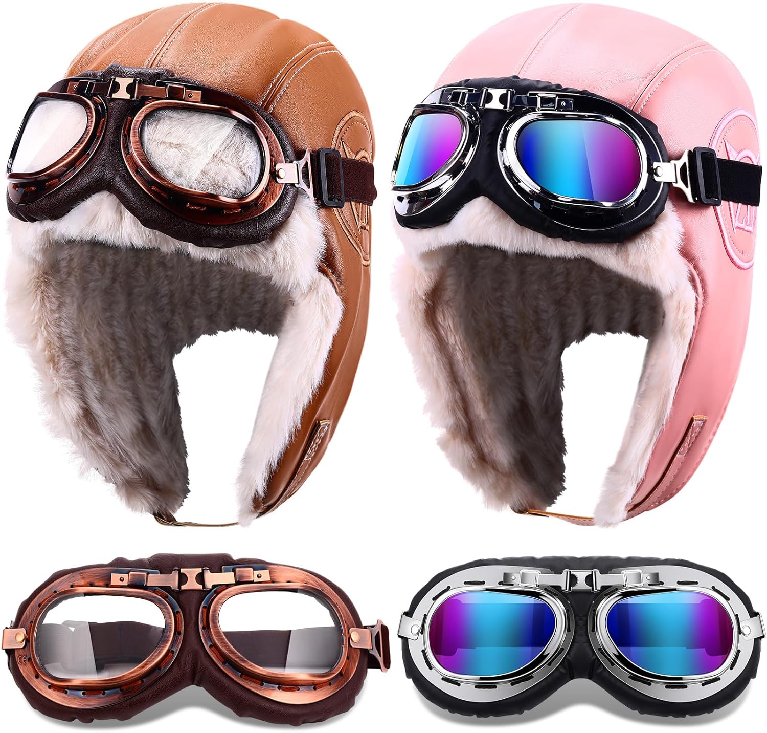 Cuffbow 2 Pack Vintage Pilot Hat and 2 Pcs Goggles Costume Warm Cap with Earmuffs Soft Fur Pilot Hat Goggles for Men Women