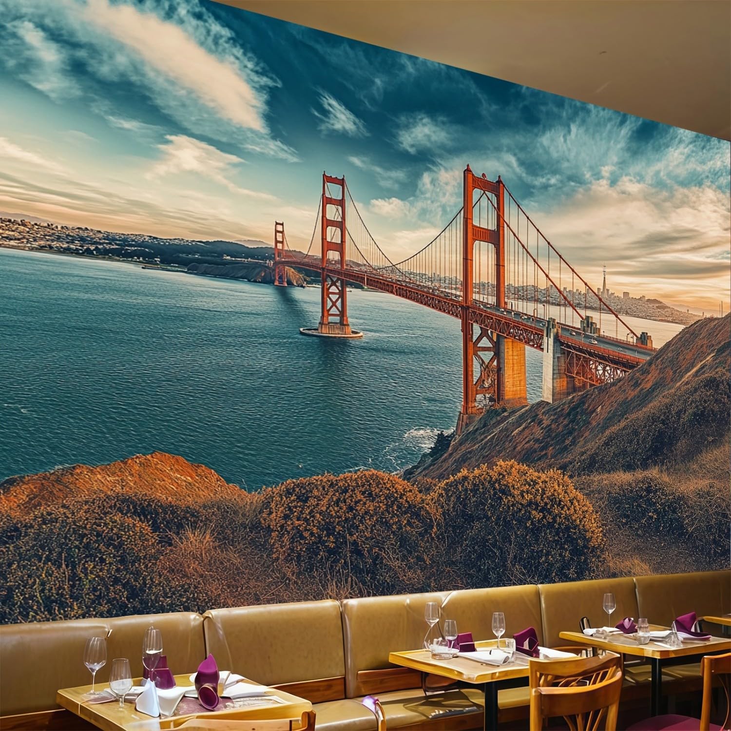 Papier peint panoramique Golden Gate bleu 350 cm au design moderne intissé