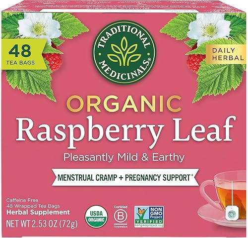 Traditional Medicinals Té de hierbas de hoja de frambuesa orgánica, alivia los calambres menstruales y apoya el embarazo saludable - 48 bolsas de té
