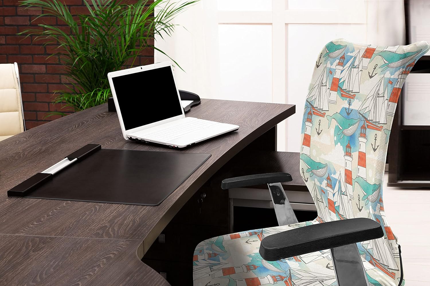 Ambesonne Lighthouse Office Chair Cover, Abstract Whale Anchor and Boats Pattern Sky Inspired Background Nautical Design, Stretchable Decorative Universal Size High Back Printed Slipcover, Seafoam