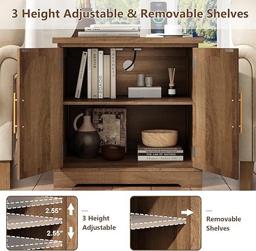 Miniatura 5 de Mesa auxiliar de ratán con estación de carga, mesa auxiliar grande de sofá de 24 pulgadas con 2 puertas arqueadas, mesitas de noche cuadradas de