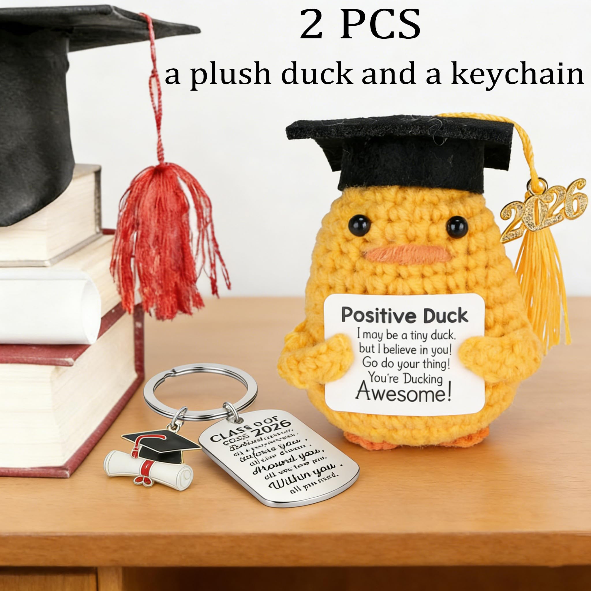 2 PCS Graduation Gifts Set Class of 2026, Inspirational Positive Duck with Keychain, Cap and Greeting Card, Cute Handmade Funny Emotional Support Pickle for Her Him High School College - 4