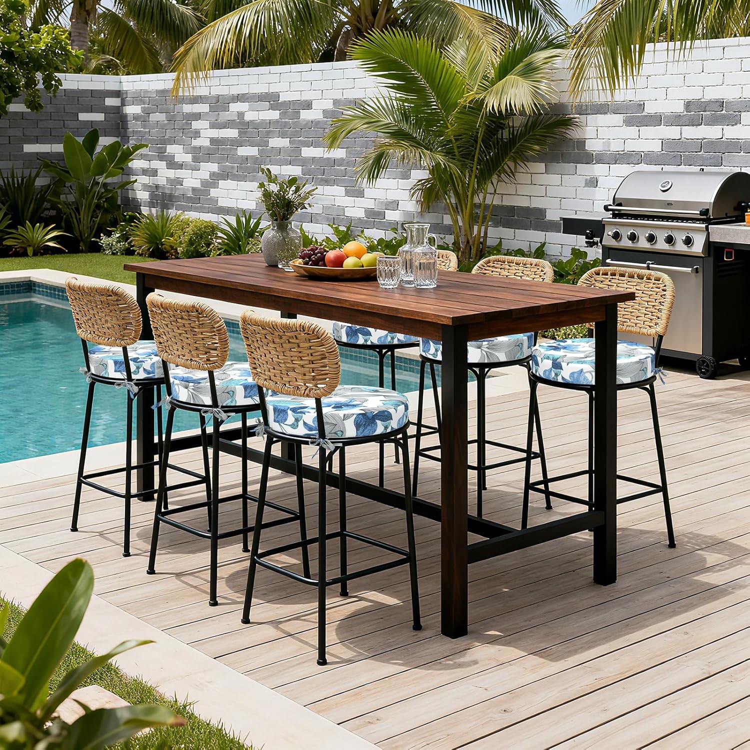 TWELAR Outdoor Bistro Chair Cushions for Patio Furniture,Patio Bistro Round Foam Seat Cushion with Ties,15" D x 2.5" H,Clemens Noir Blue