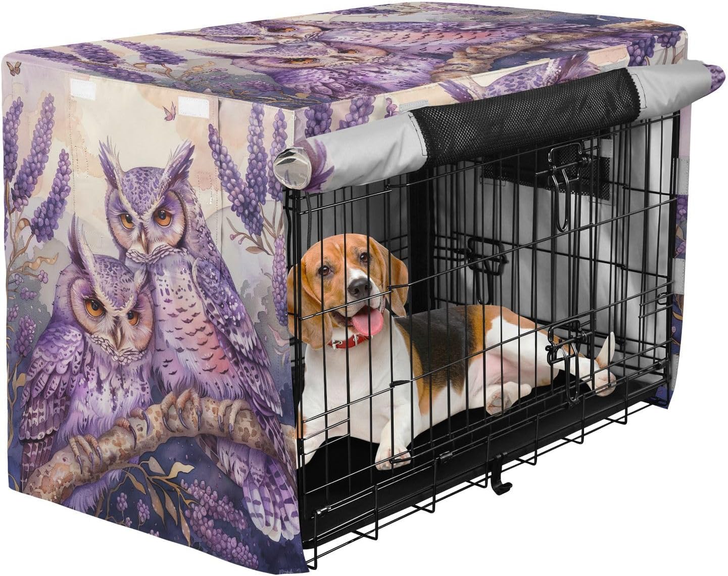 Lavender Owls Dog Crate Covers S-XL Windproof Pet Kennel Cover with Mesh Windows, Reduces Barking, X-Large