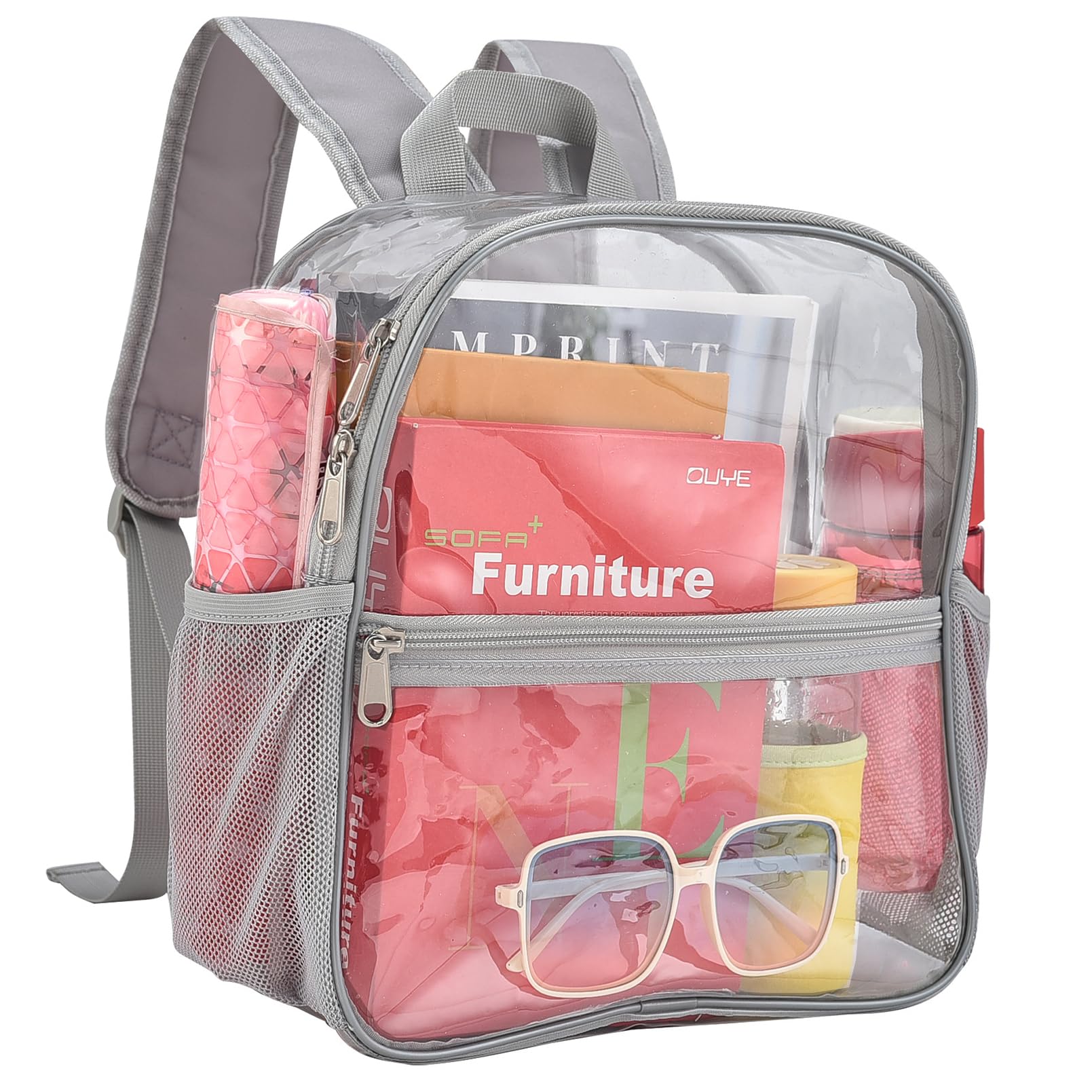 Busiuw Clear Backpack for Stadium Events 12x12x6 Mini Small Sports Fan Backpacks with Front Pocket for Concert Sport Events Work Travel(Grey)