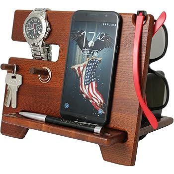 Amazon Com Cell Phone Stand Watch Holder Men Device Dock Organizer Wood Mobile Base Nightstand Charging Docking Station Women Accessories Wooden Storage Funny Bed Side Caddy Valet Happy Birthday Gift