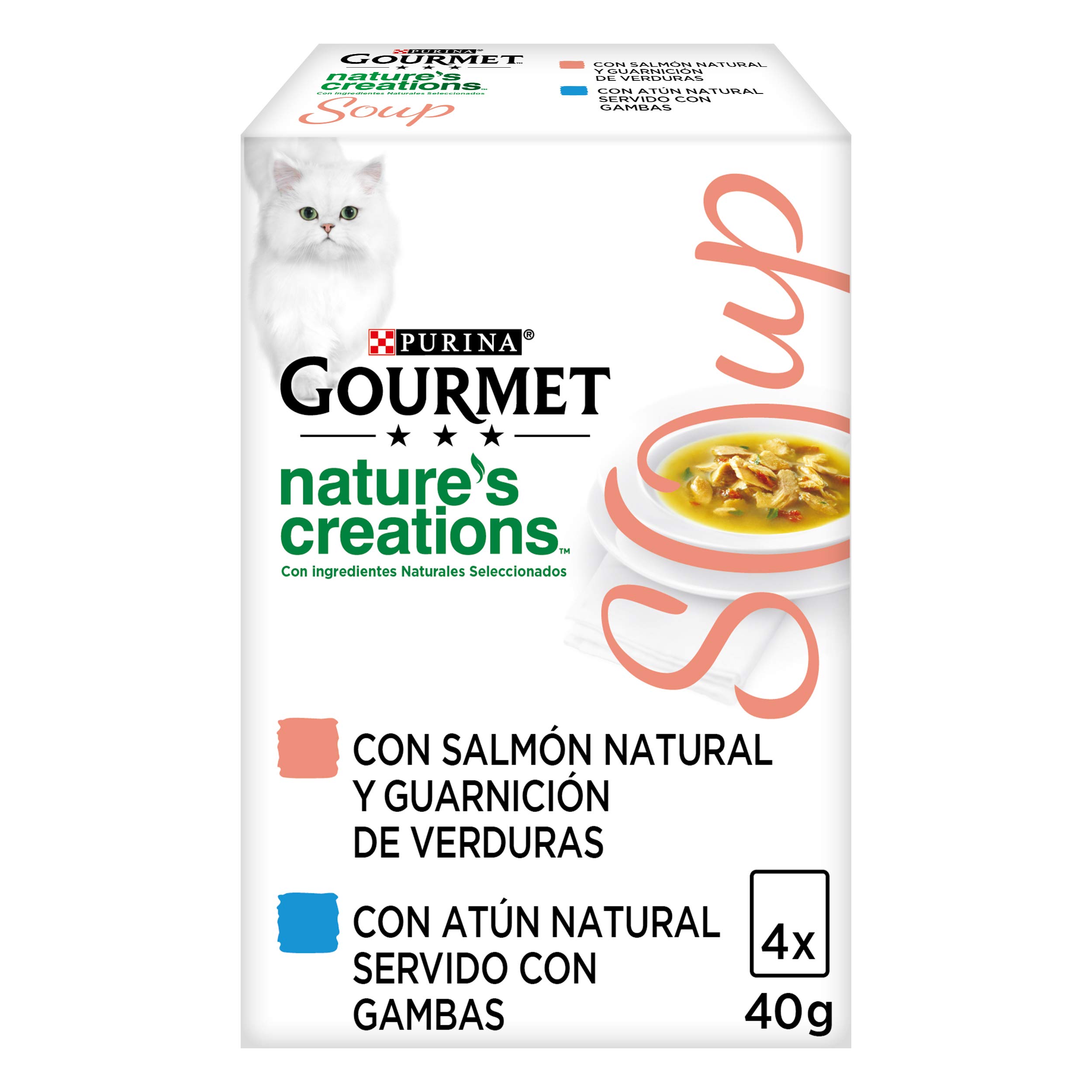 Gourmet Purina Nature's Creations Soup, Comida Húmeda Natural para Gato, Sopa con Salmón y Verduras Atún Gambas, 10 Packs de 4 Sobres 40g - 40
