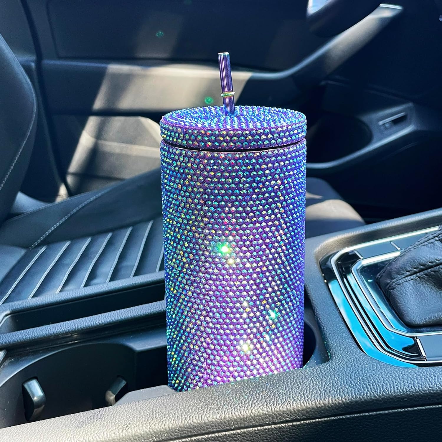 20oz Bling Diamond Tumbler with Lid and Straw Studded Skinny Tumbler Stainless Steel Vacuum Insulated Water Bottle Double Wall Iced Coffee Mug Reusable Glitter Cups (Purple AB) - Image 7