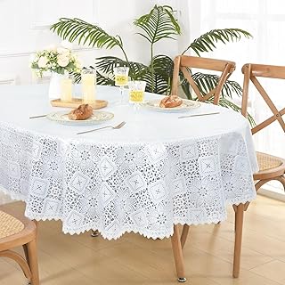 Likiyol White Vinyl Tablecloth, Oval Lace Tablecloth, Heavy Duty Vinyl Table Cloth, Stain-Resistant Wipeable Table Protector for Kitchen and Dining Room, Oval-55"x84"