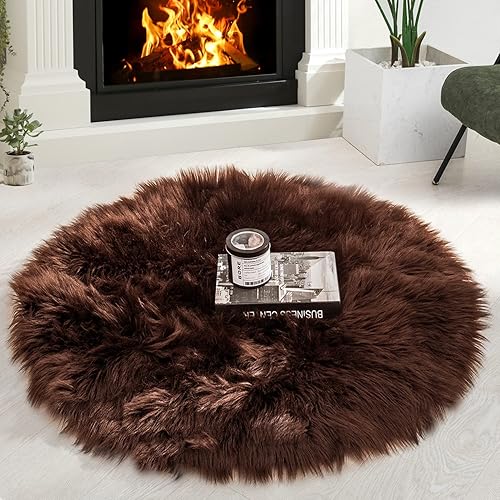 HYSEAS Faux Sheepskin Fur Area Rug Brown 3x3 Feet 2 Pack, Round Fluffy Soft Fuzzy Plush Shaggy Carpet Throw Rug for Indoor Floor, Sofa, Chair, Bedroom, Living Room, Home Decoration - 3x3 ft-2 pack - Brown-wool