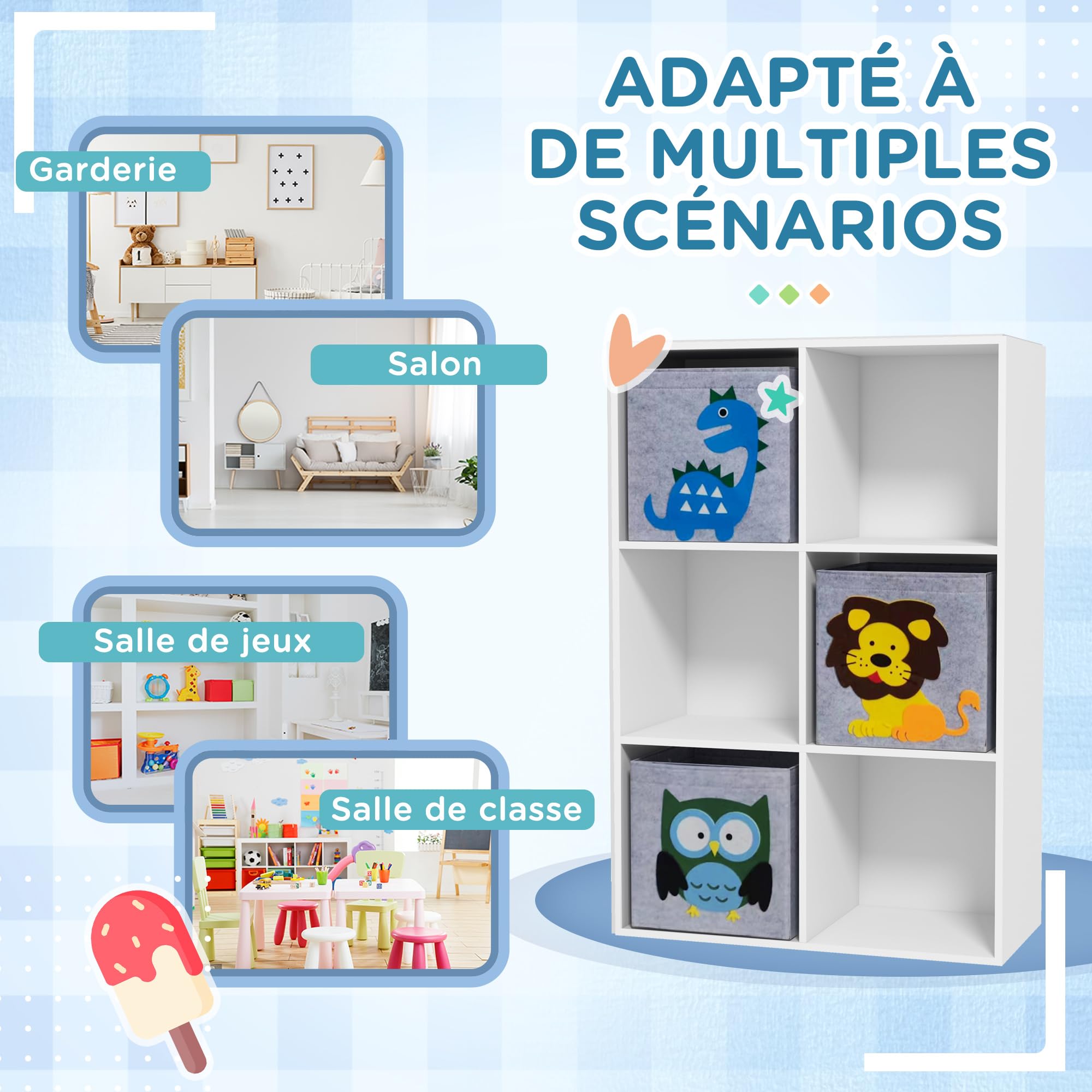 ZONEKIZ Meuble de Rangement pour Enfant, étagère pour Chambre d'enfants, bibliothèque, 6 Cases, 3 Cubes paniers en Tissu Motif Animaux pour Salle de Jeux, 62 x 30 x 91,5 cm, Blanc
