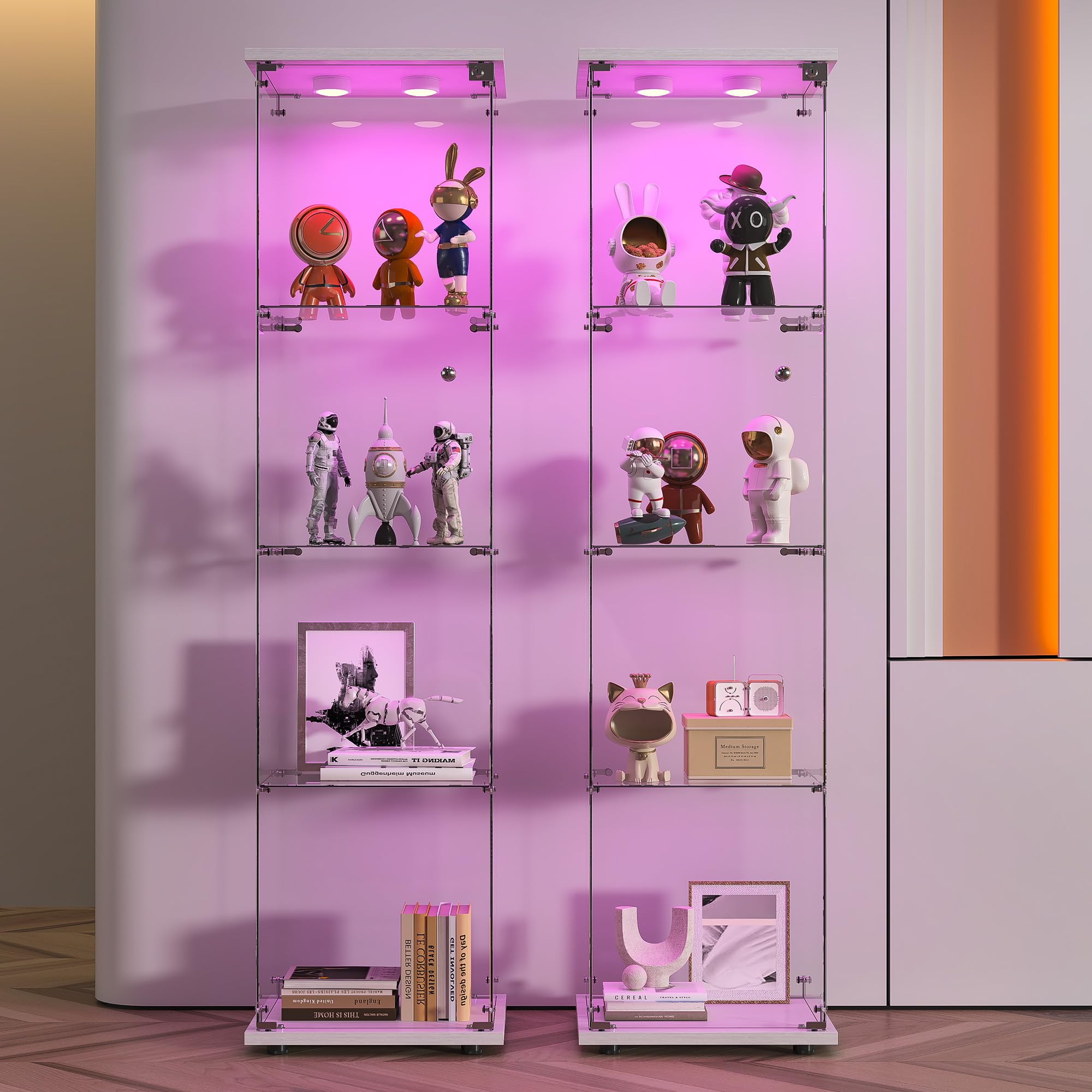 Vitrine en Verre avec LED,Armoire Vitrine pour Collection,1 Portes à Serrure,4 Étagères Adjustables, 164x42x36cm, Blanc