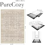 PureCozy 8x10 Beige Lavable Zone Neutre Rugs Décor du salon Floral Détresse Grande Rug Non Slip Rug Résistant à la tache Ruges Low Pile Soft Carpet Salle à manger Chambre Bureau Ferme Salle de jeux