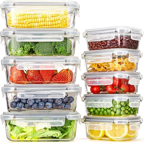 Glotoch 10 Pack Glass Food Storage Containers with Lids Reusable,