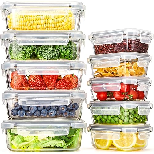 Glotoch 10 Pack Glass Food Storage Containers with Lids Reusable, Ultra Thick Borosilicate Glass Containers for Meal Prep/Lunch, Dishwasher/Microwave/Oven/Freezer Safe, Grey