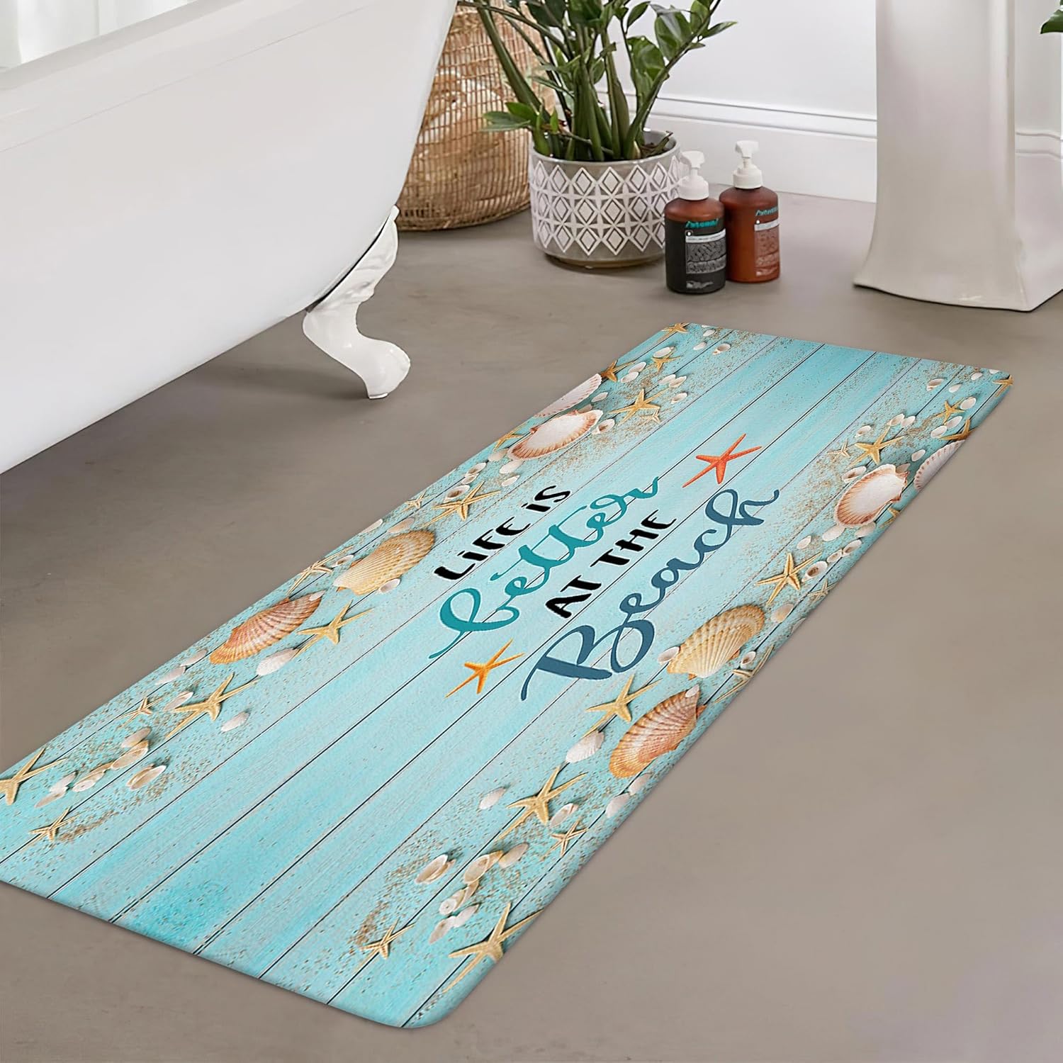 Beach Bathroom Rugs, Seashells Blue 17x48 Inch Non-Slip Bath Mat, Coastal Style, Machine Washable, Rectangular, Bath Mat