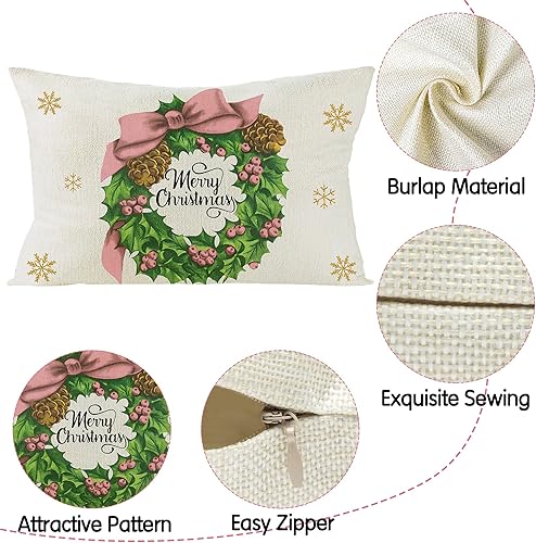 Miniatura 3 de WATINC 4 fundas de almohada decorativas de Navidad, 4 diseños de fiesta temática de Papá Noel rosa, decoración del hogar, 12 x 20 pulgadas, de