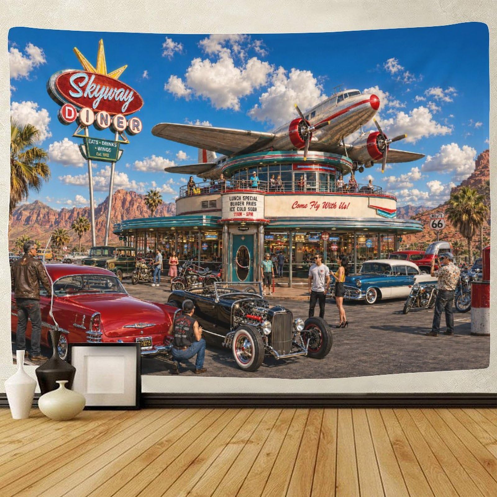 ASDFGHJKLZA Cute Route 66 Vintage Aircraft 3D Print Wall Hanging Decor Tapestry Wall Art Decor Tapestries Poster Home Decoration Bedroom Dorm 70cmx100cm