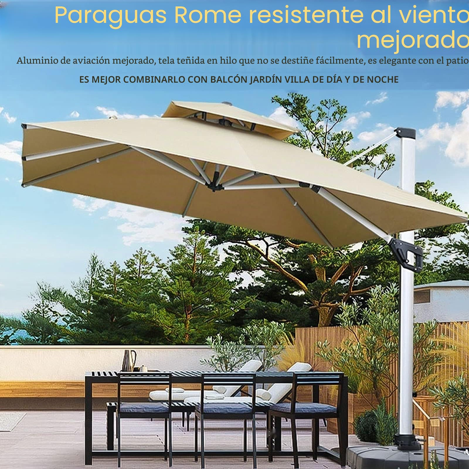 Parasol Excéntrico de Jardín, Mástil de Aluminio con Manivela, Protección UV 50+, 5 Niveles de Inclinación, Sombrilla Voladiza con Mecanismo de Manivela para Exterior, Jardín, Patio,Caqui,2.5m