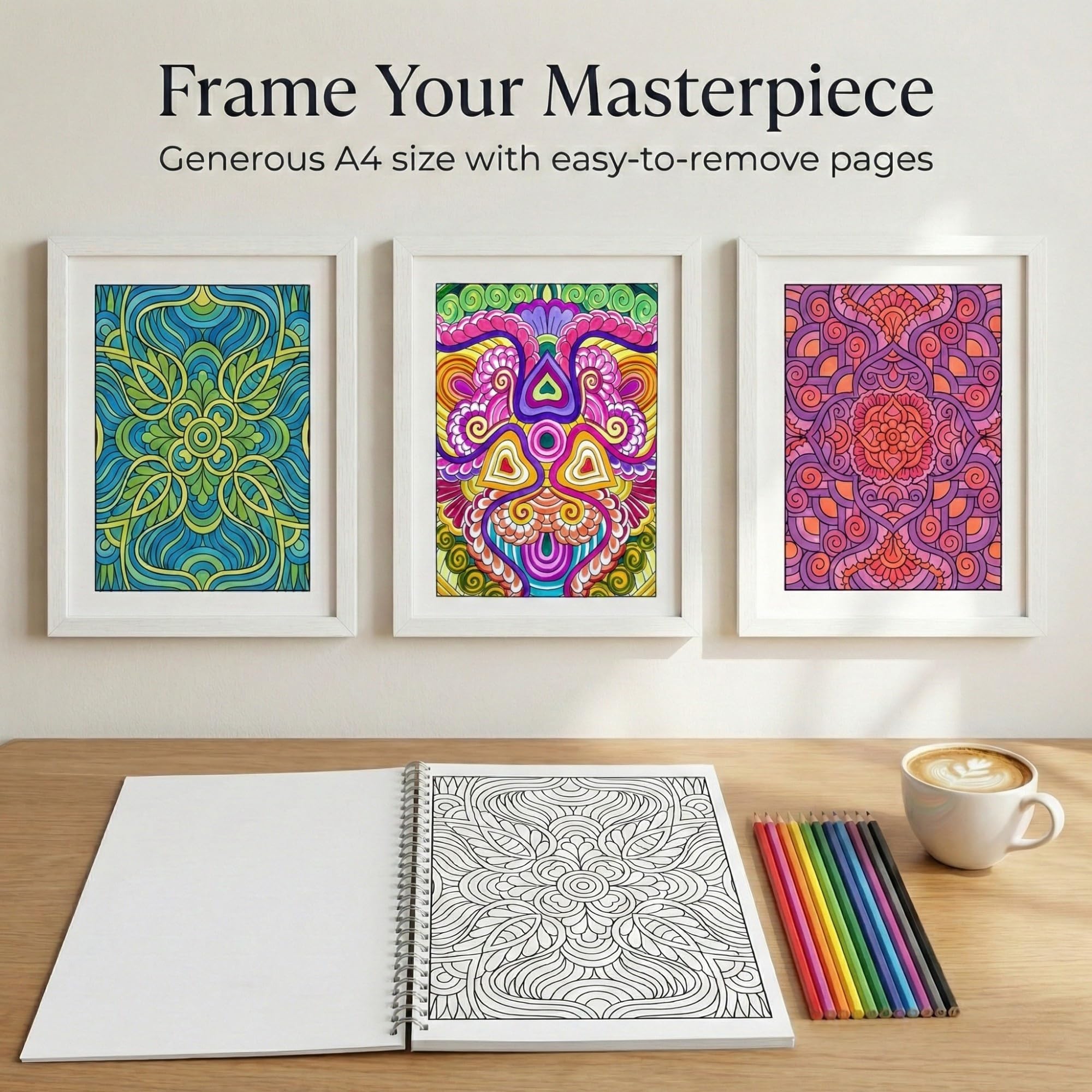 Malbuch für Erwachsene für Frauen, 45 Mandala- und Blumen-Designs, Stressabbau und Entspannung, dicke, perforierte Seiten, großes A4-Format
