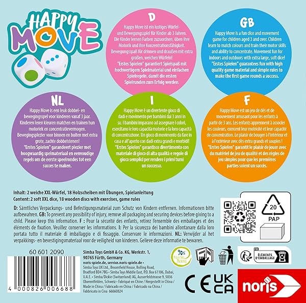 Das noris Happy Move 606012090 Bewegungsspiel mit seinem bunten Holzdesign und dem großen Würfel.