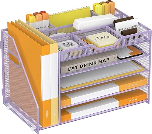 Miniatura 11 de Bandeja de Cartas de Papel de 5 Niveles con 3 Portabolígrafos Insertables, Organizador de Archivos de Escritorio de Malla con Asa, Organizadores de
