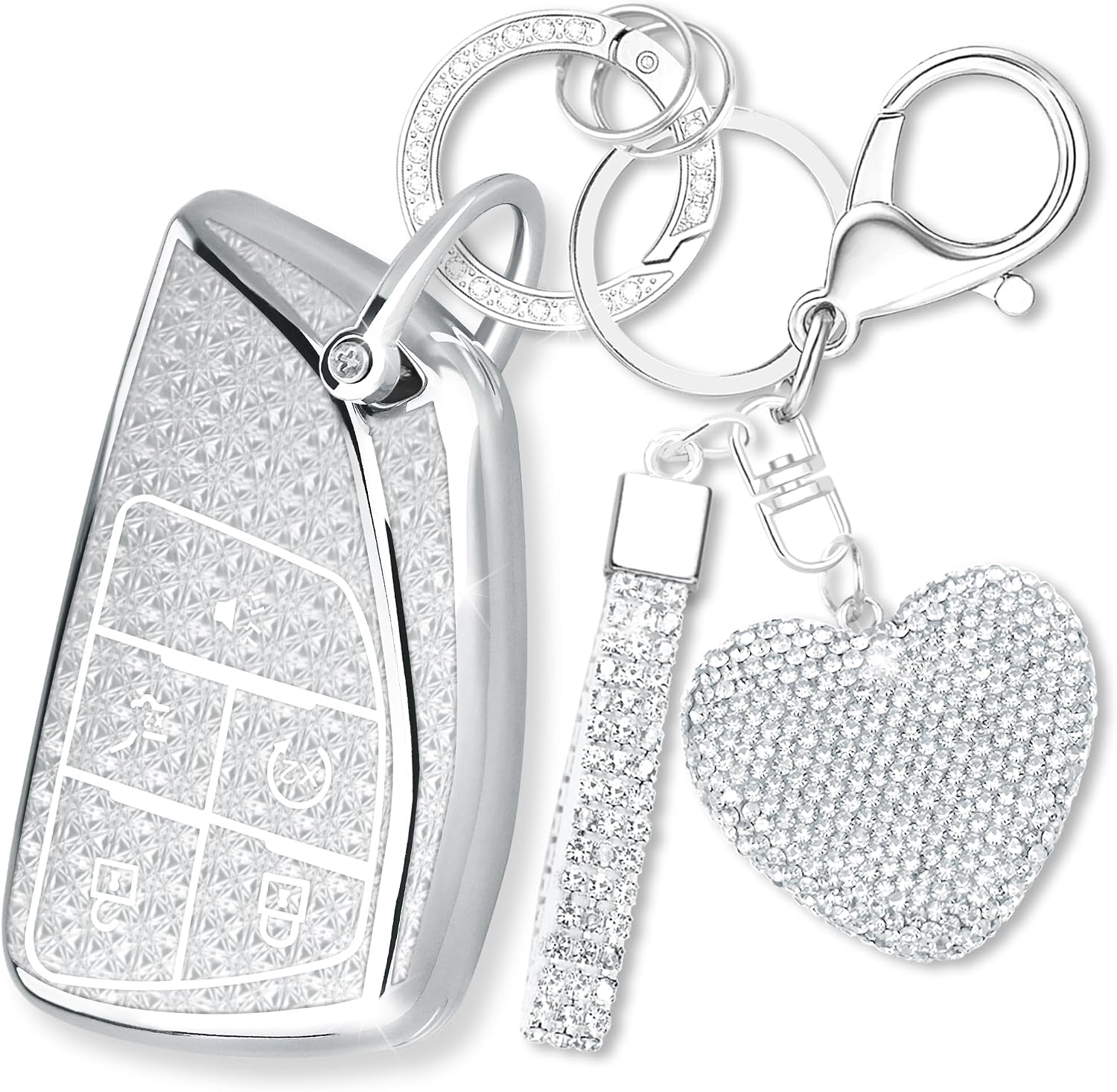 Key Fob Cover with Diamond Heart Keychain Car Key Shell Compatible with Chevy Tahoe Suburban GMC Yukon Denali Silverado Buick 2021-2024 Full Protector for Women (5 Buttons-Silver)