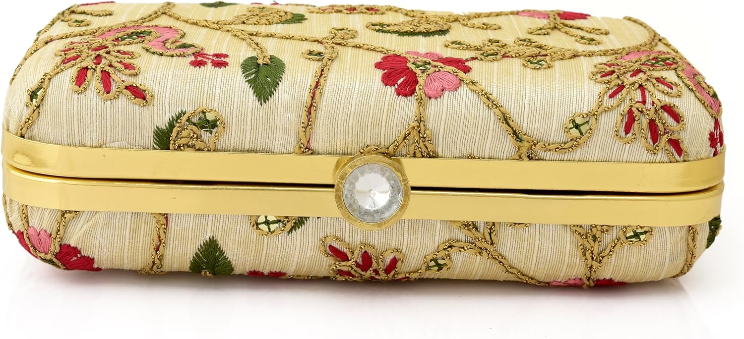 Women’s Embroidered Evening Clutch Purse Ethnic Floral Hard Case Party Bag with Chain Strap Wedding & Festival Handbag