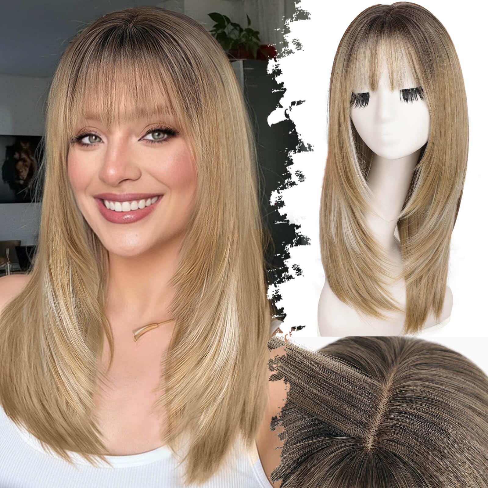 Photo 1 of Eawwii Beginner-Friendly Wig with Bangs for Women Warm Blonde with Shadow Root Straight Face-Framing Layers Hairstyle 4x4 Realistic Scalp Glueless Synthetic Wigs Medium Length for Everyday Use
