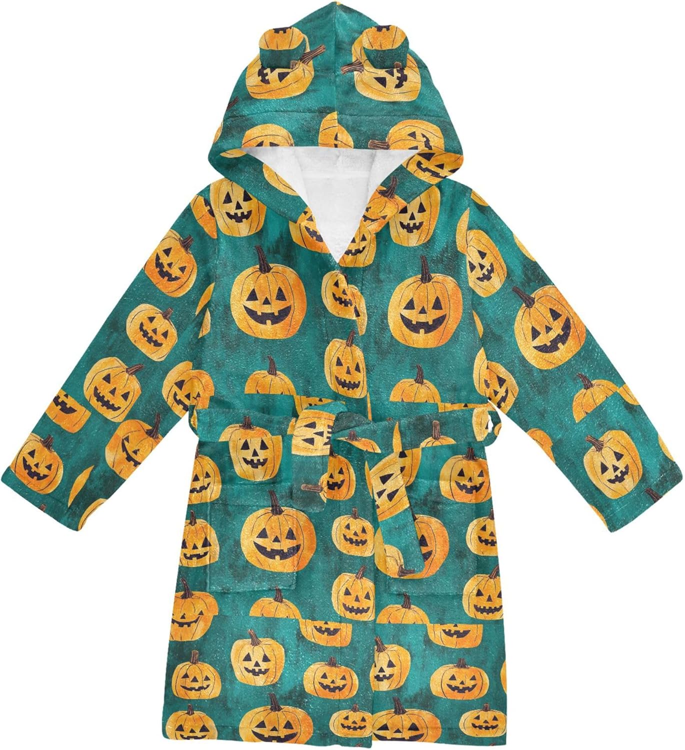 Halloween Pumpkins Green Bathrobe Hooded PJ Robe Soft Fleece Robe Pajama Sleepwear 2-12 Years