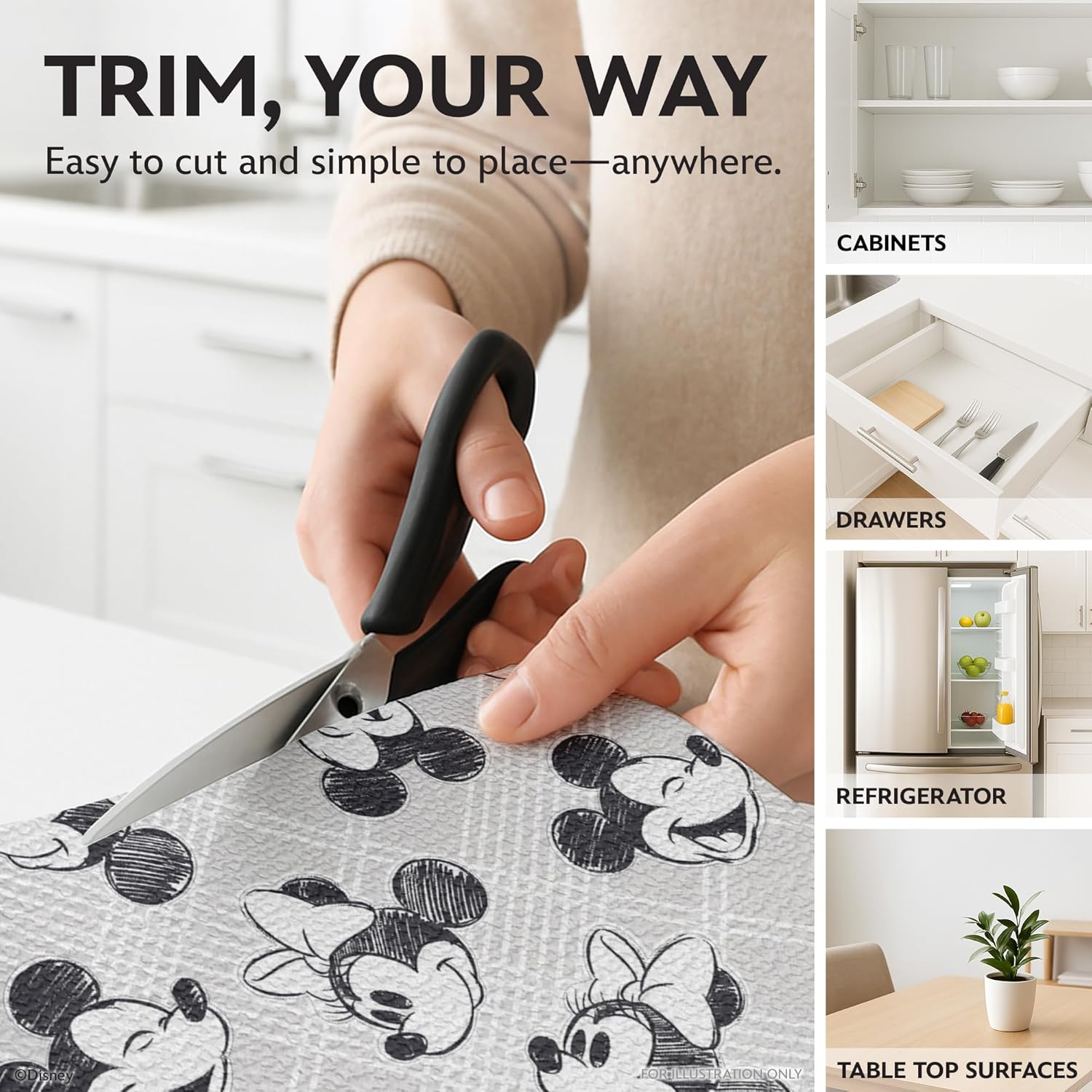 Disney Non Adhesive Shelf Liner – 18”x 10 ft Water-Resistant Drawer Liners for Kitchen Cabinets, Pantry, Fridge & Dressers – Easy Cut Cabinet Liner Roll- Mickey Mouse, Stitch & Winnie The Pooh