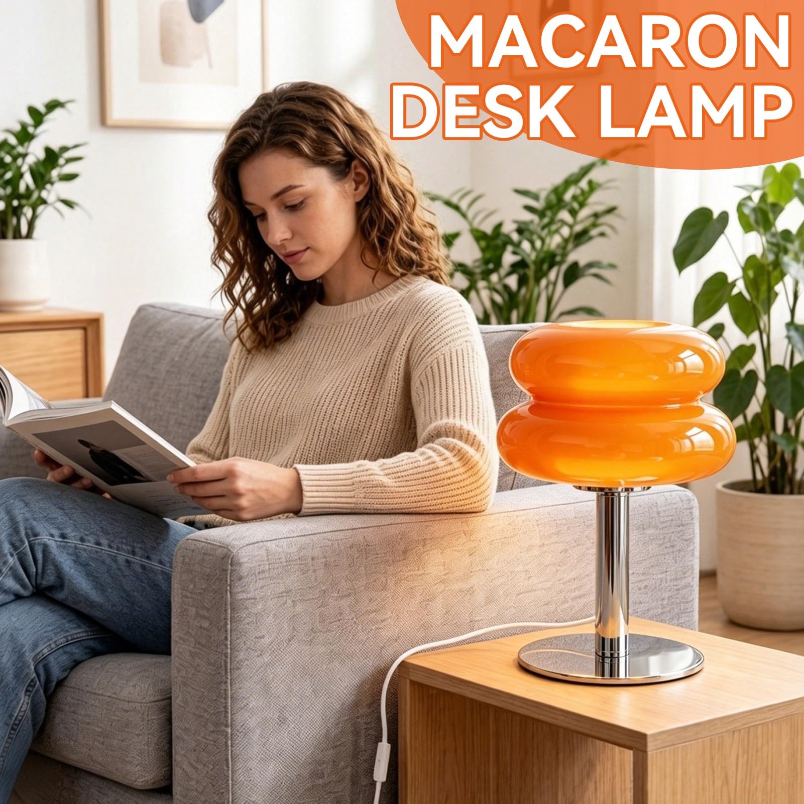 HERCHR Lámpara de seta, lámpara de mesa con forma de tarta de huevo de luz suave, de bajo consumo, bonita, de cristal, con conexión USB, para mesita de noche, dormitorio, sala de estar o (Naranja)