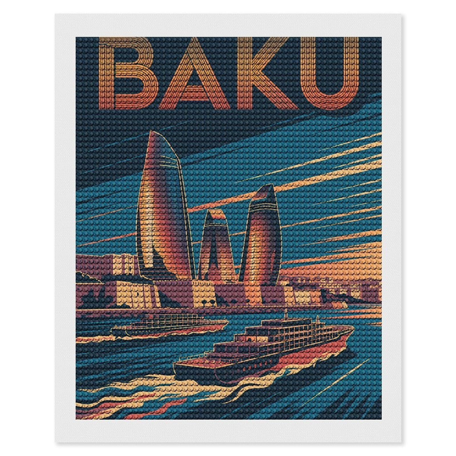 Junmoney Baku Cityscape Travel Diamond Painting Set 16"x20", Modern Decor, for Beginners, Printed Canvas, Thoughtful Handmade Gift, with Tool Kit