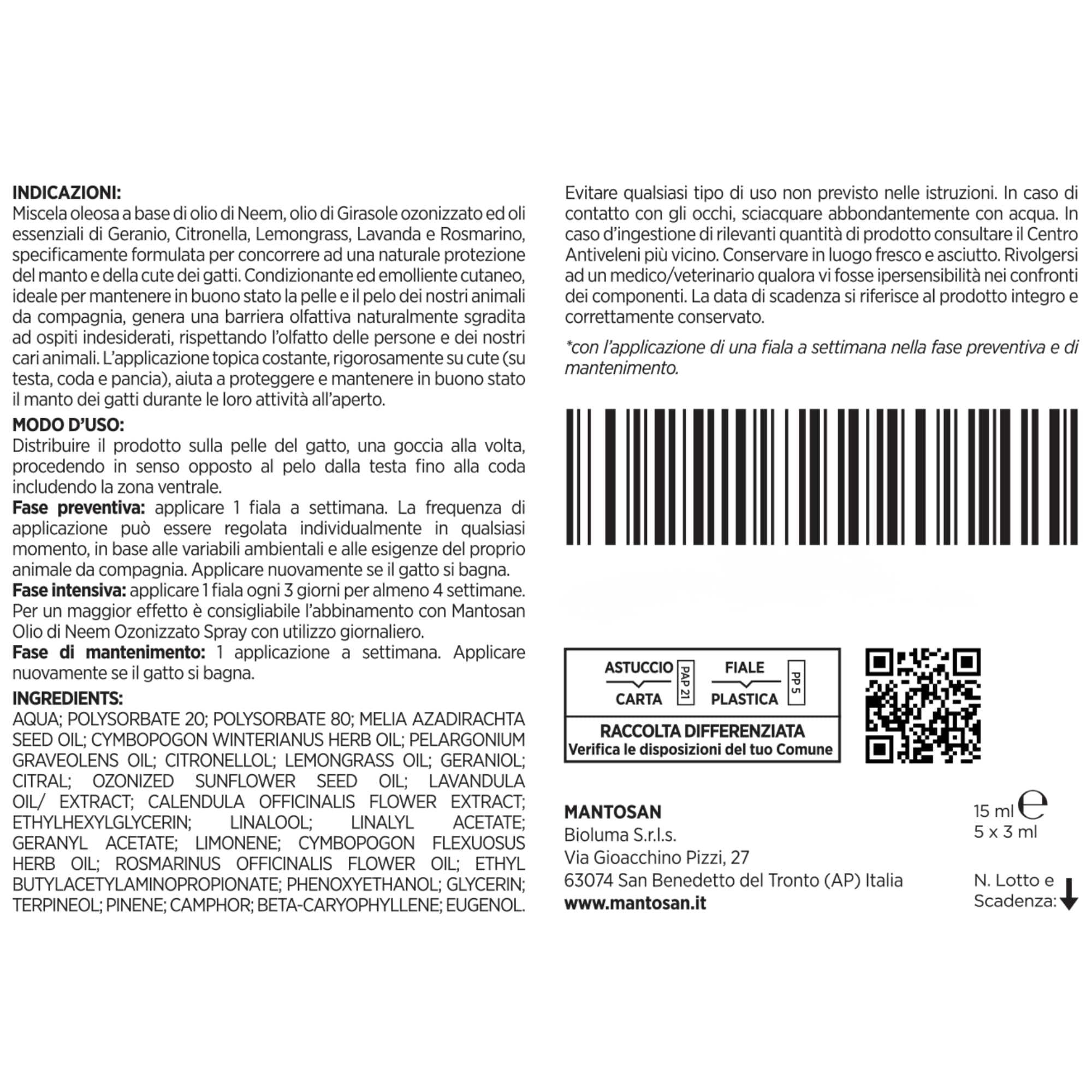 Mantosan Spot-On Vegetale per Gatti 5 Pipette da 3ml Protezione Naturale con Olio di Neem Ozonizzato e Oli essenziali di Geranio, Citronella, Lemongrass, Lavanda e Rosmarino - Nuova Formula