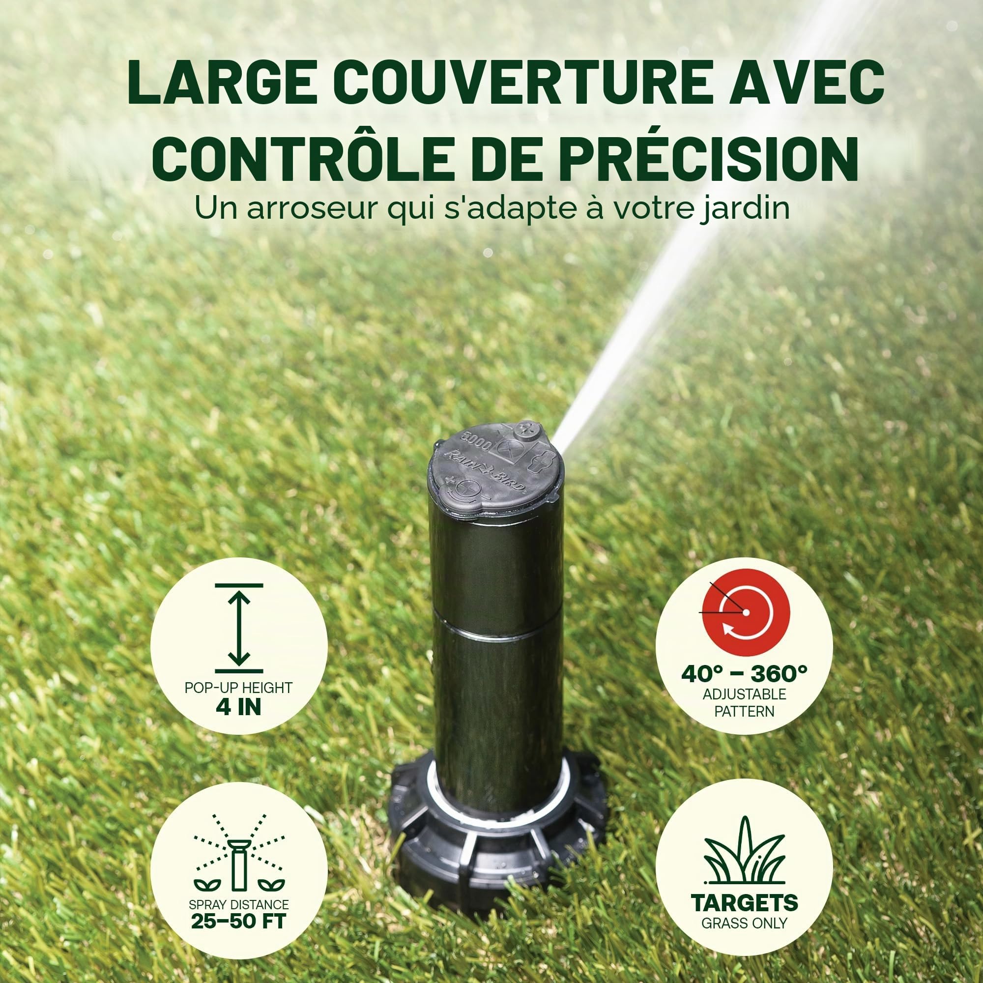 Rain Bird 5000 Série 5004 PC Lot de 10 têtes d'arrosage Rotor réglables de 40 à 360 degrés, système d'irrigation escamotable de 10,6 cm, Distance de pulvérisation d'eau de 75 à 150 cm (Y54007)