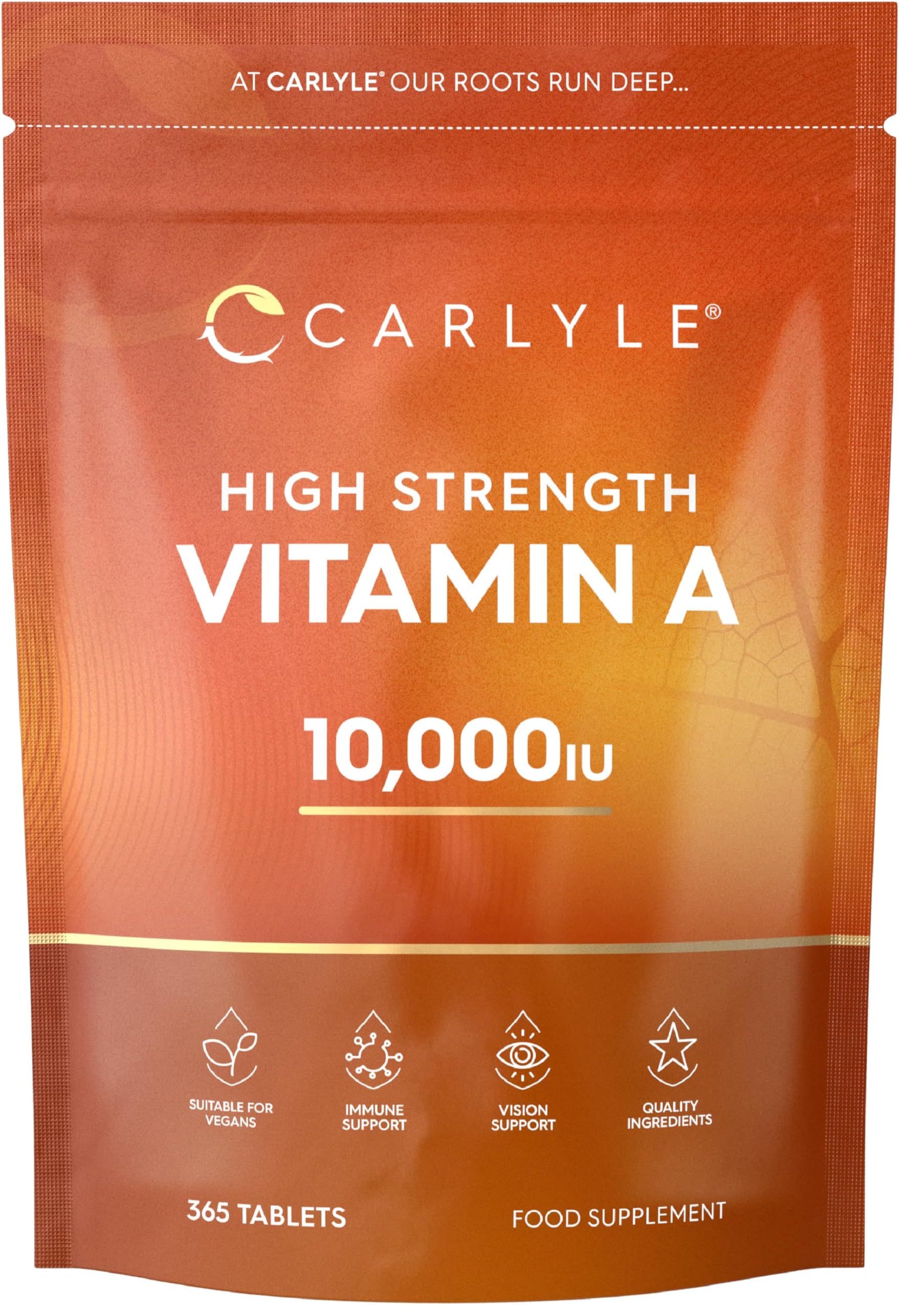 Vitamin A Tablets 10000 IU | 365 Count (1 Year Supply) | Vitamin A as Retinol Acetate | High Strength | Vegan and Vegatarian | By Carlyle