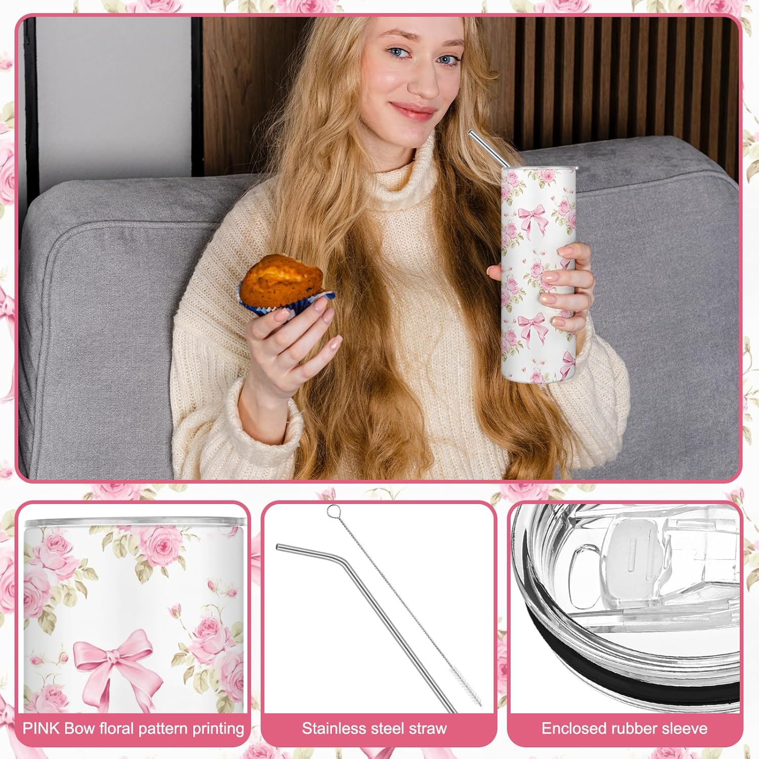 Geiserailie Coquette Pink Bow Tumbler 20oz Vintage Bow Floral Stainless Steel Coffee Cup with Lids and Straws Back to School Gifts Aesthetic Flower Tumbler for Women Friend Birthday Party - Image 4